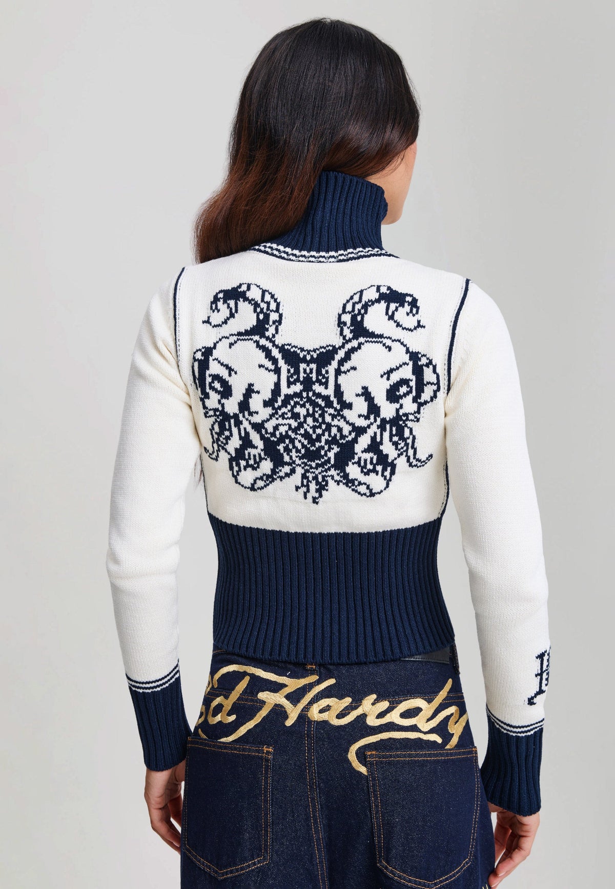 Ed Hardy Skull And Serpent Knitted Fitted Zip Thru Jacket Navy - OnSize