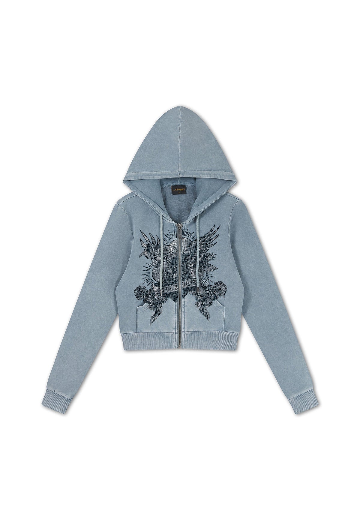 Ed Hardy Stay True Fitted Cropped Washed Zip Thru Hoodie Blue - OnSize