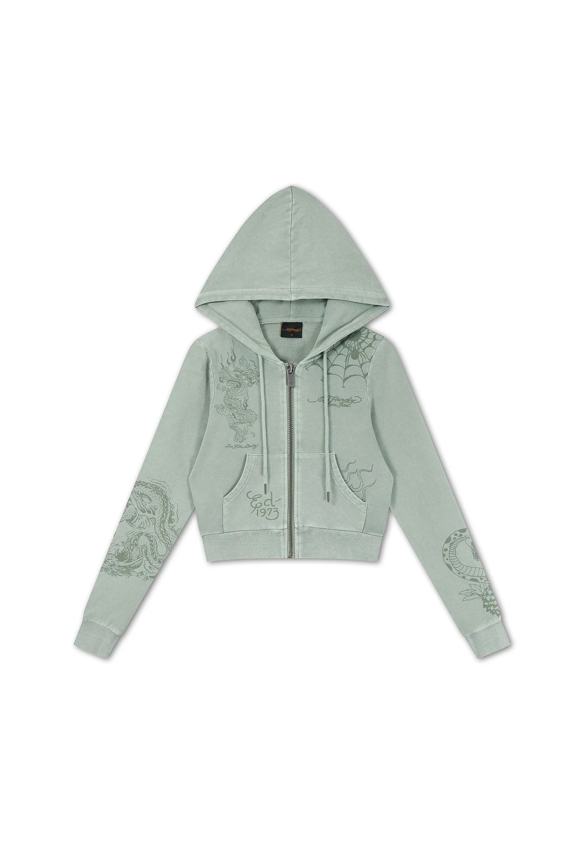 Ed Hardy Multi Tattoo Fitted Zip Thru Acid Wash Hoodie Sage - OnSize