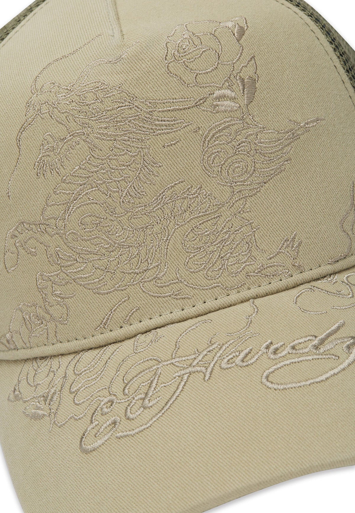 Ed Hardy Outline Dragon Distressed 5 Panel Khaki Trucker Cap - OnSize