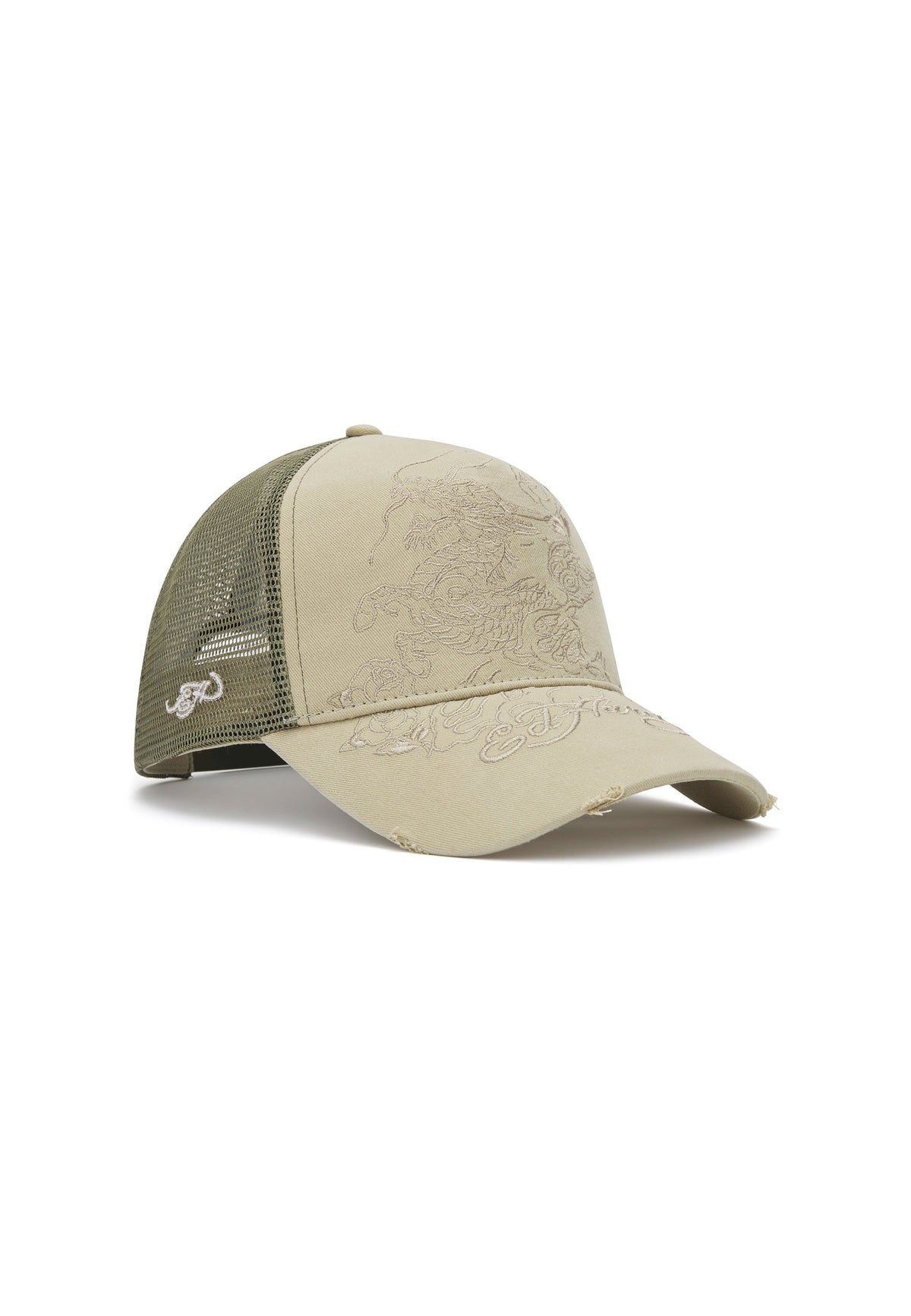 Ed Hardy Outline Dragon Distressed 5 Panel Khaki Trucker Cap - OnSize