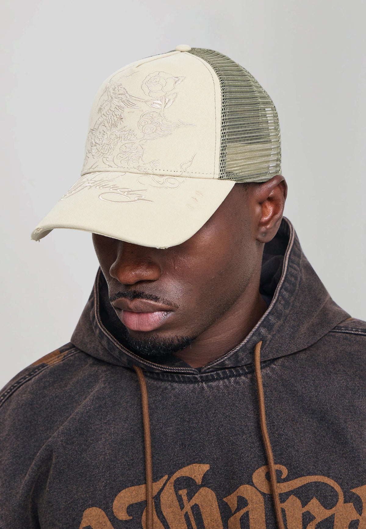 Ed Hardy Outline Dragon Distressed 5 Panel Khaki Trucker Cap - OnSize