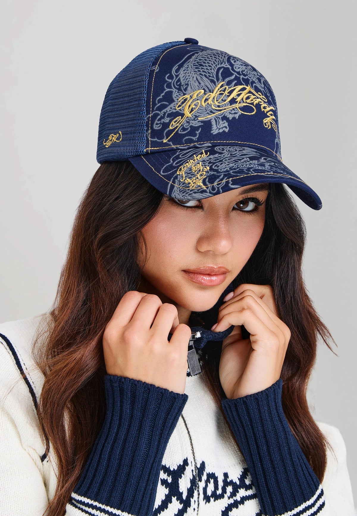Ed Hardy Outline Dragons 5 Panel Navy Trucker Cap - OnSize