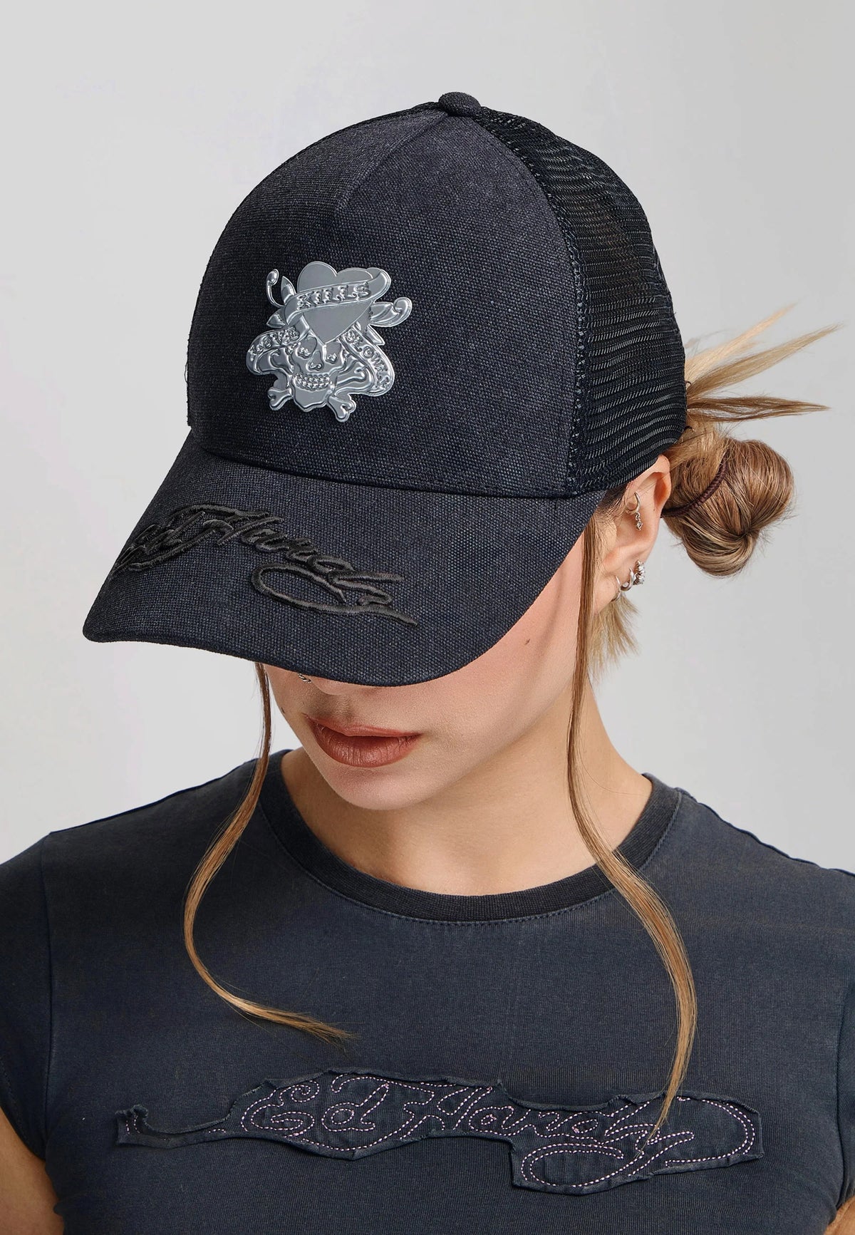 Ed Hardy Love Kills Slowly Washed 5 Panel Black Trucker Cap