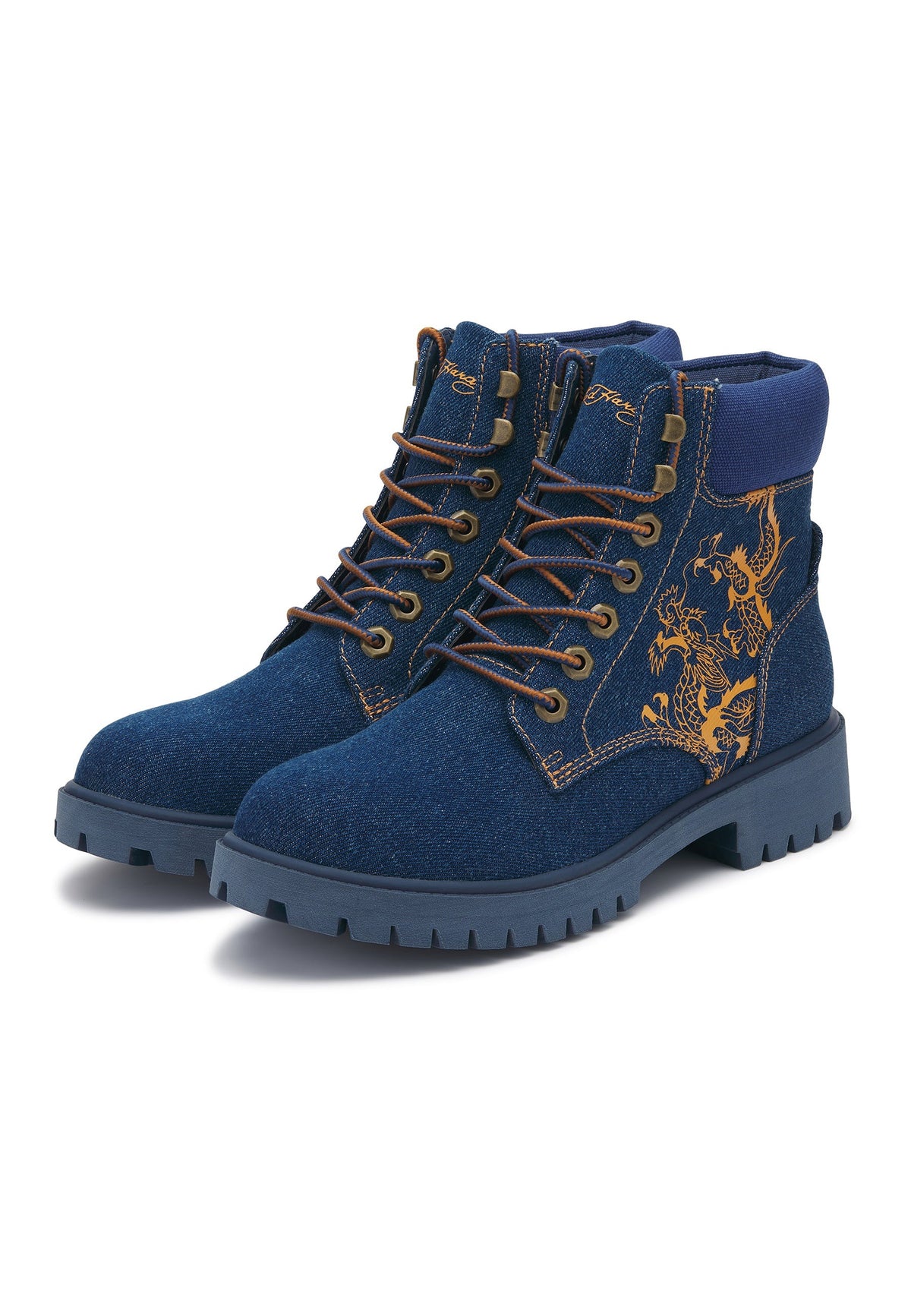 Ed Hardy Worker Boot Dancing Dragon Indigo Denim - OnSize