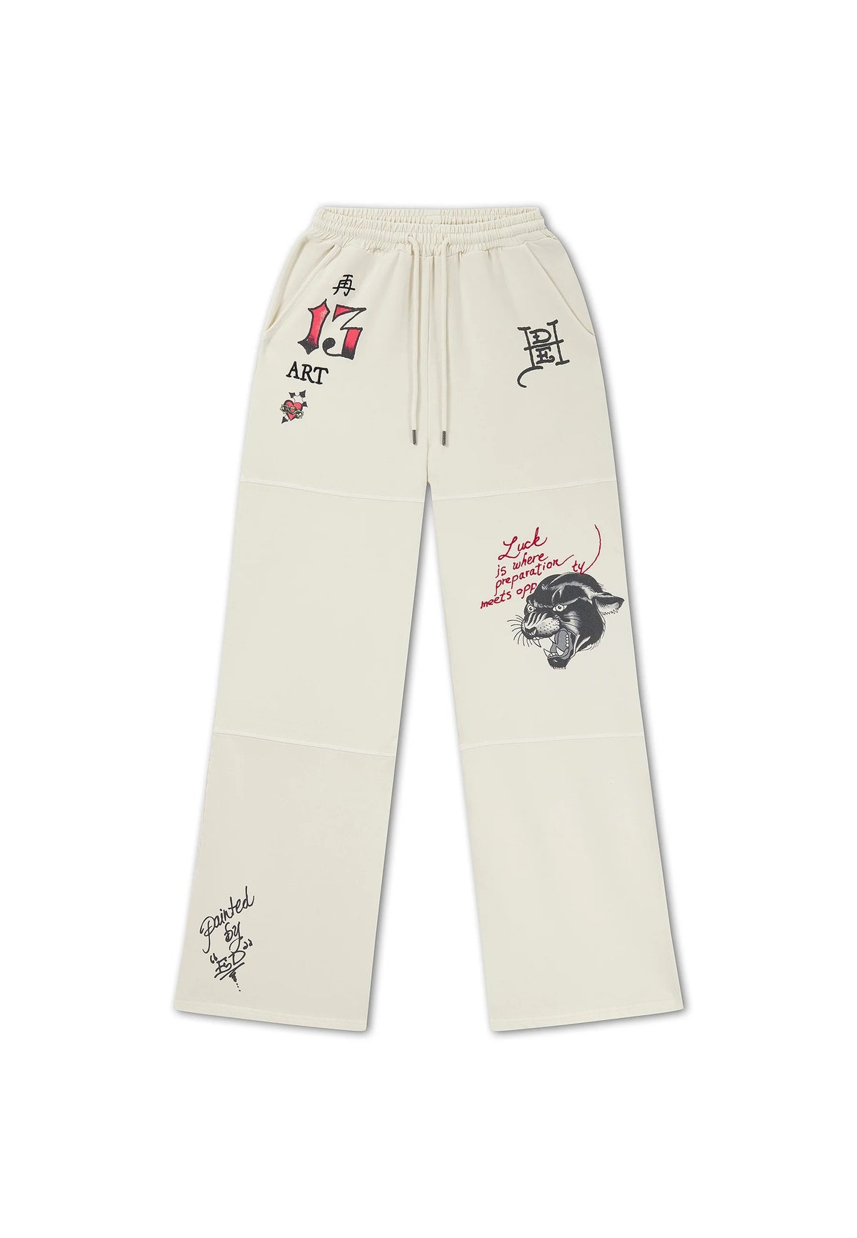 Ed Hardy Tattoo Collage Seam Detail Wide Leg Joggers Ecru - OnSize