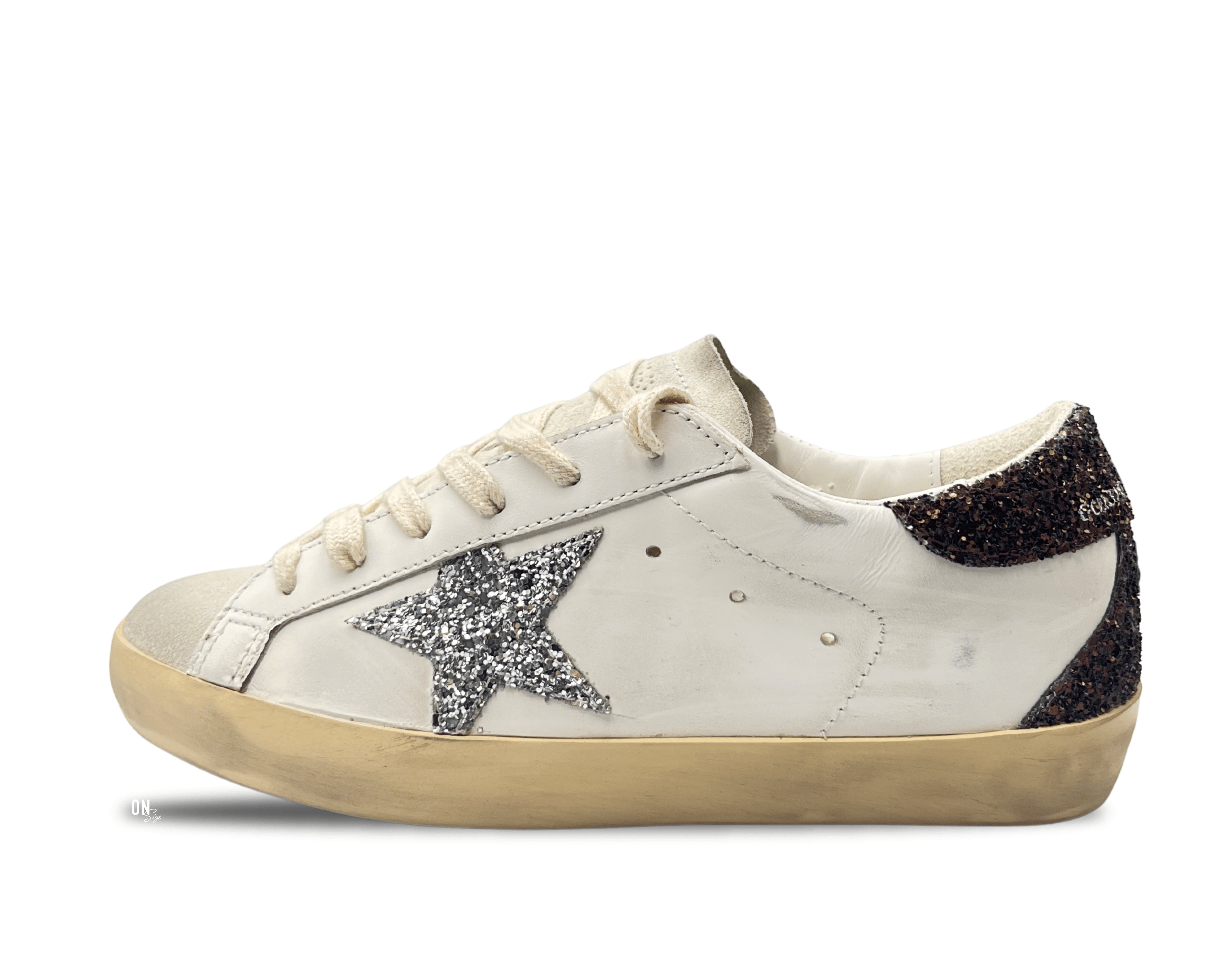 Golden Goose Super-Star White Brown Glitter Silver Star - OnSize