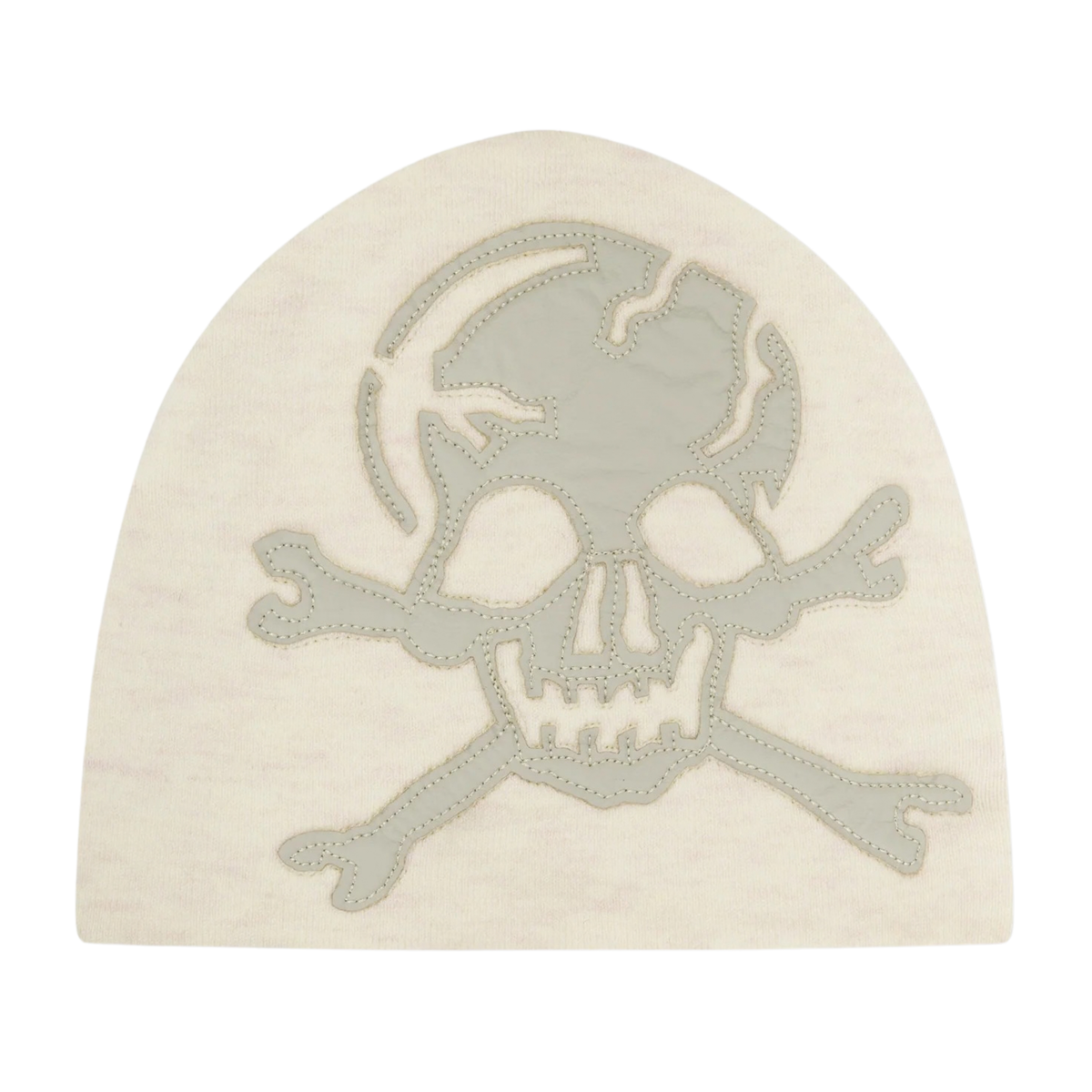 Ed Hardy Skull Vegan Leather Applique Cream Beanie - OnSize
