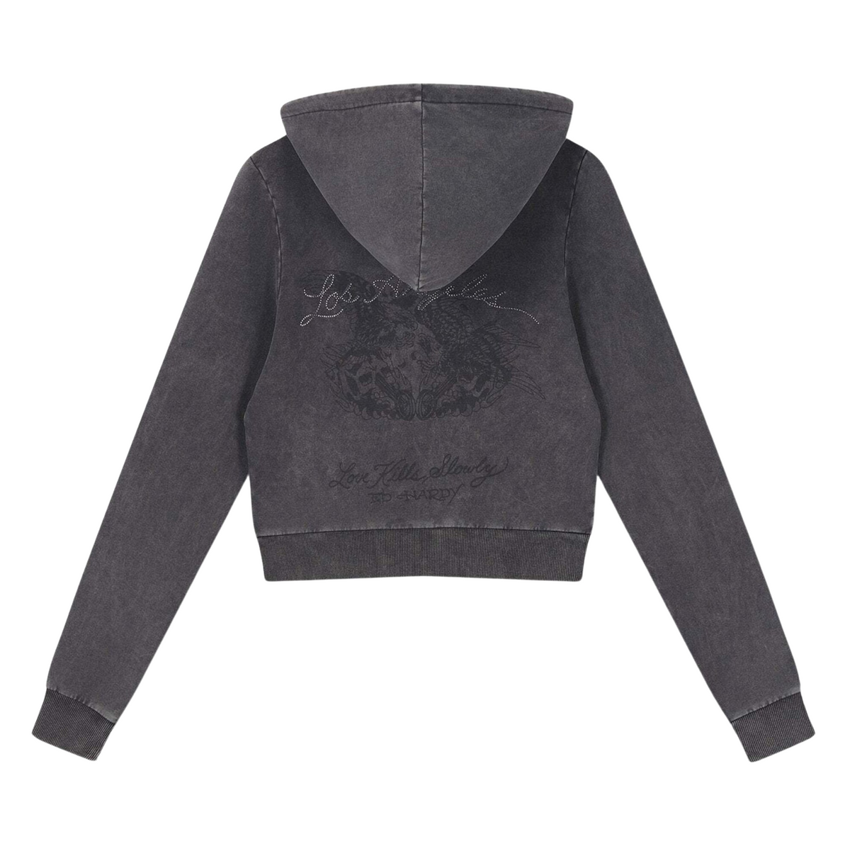Ed Hardy Stay True Fitted Cropped Washed Zip Thru Hoodie Black - OnSize