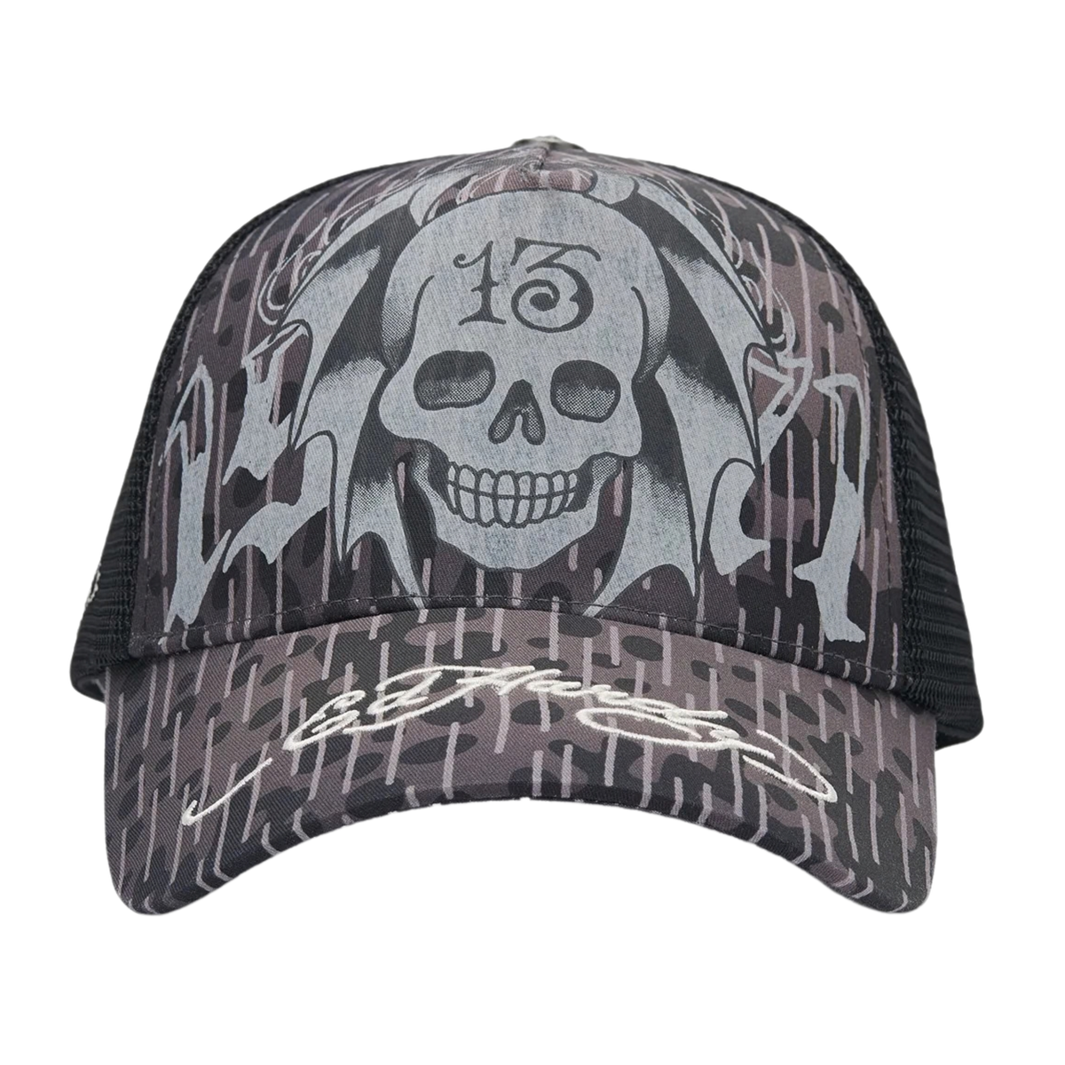 Ed Hardy 13 Skull 5 Panel Black Trucker Cap