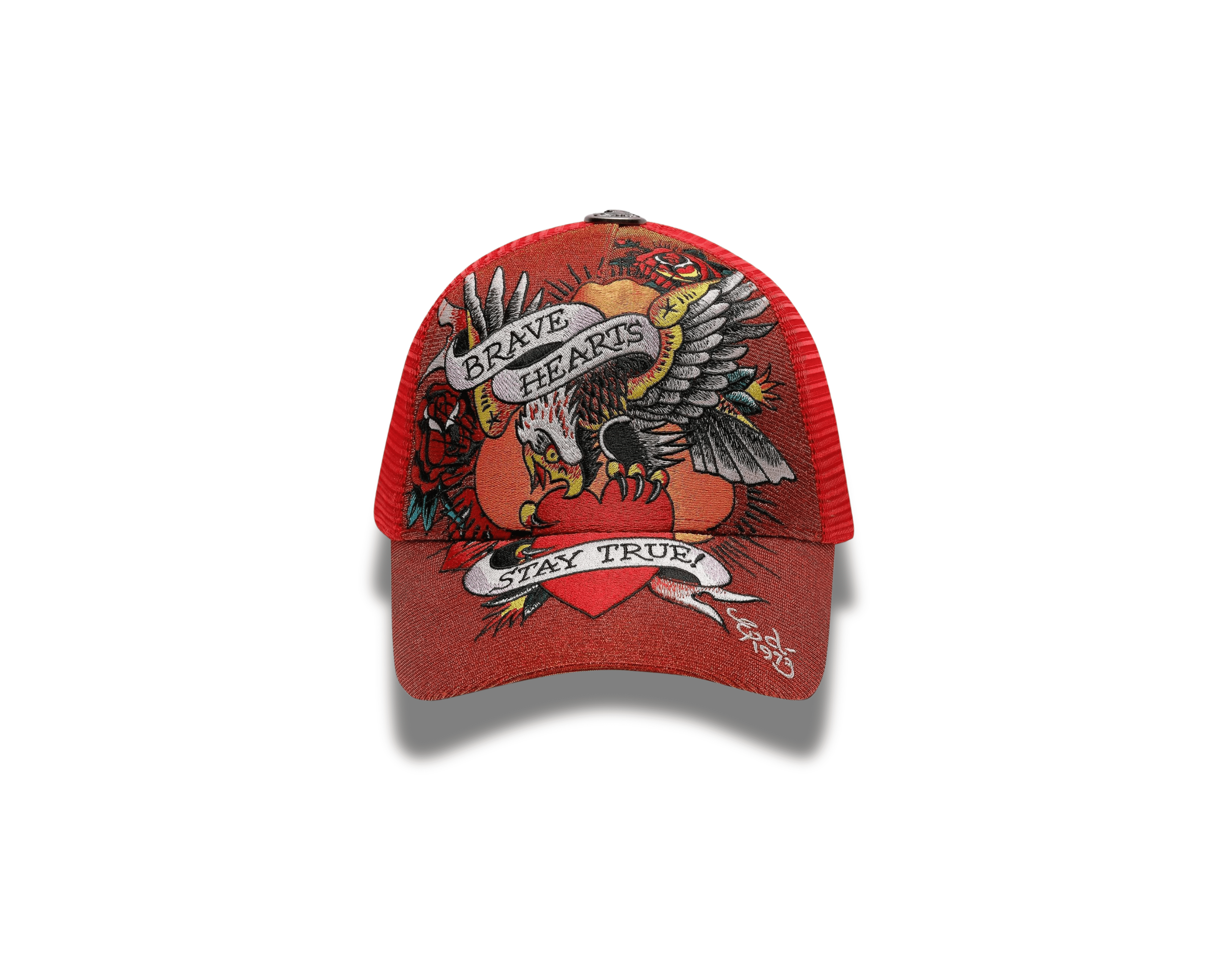 Ed Hardy Brave Hearts 6 Panel Metallic Trucker Cap - OnSize