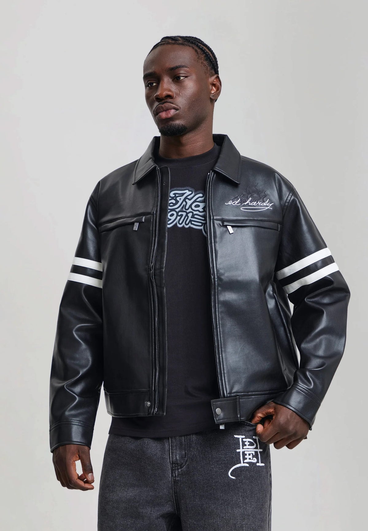 Ed Hardy Flaming Hellcat PU Regular Moto Jacket Black - OnSize