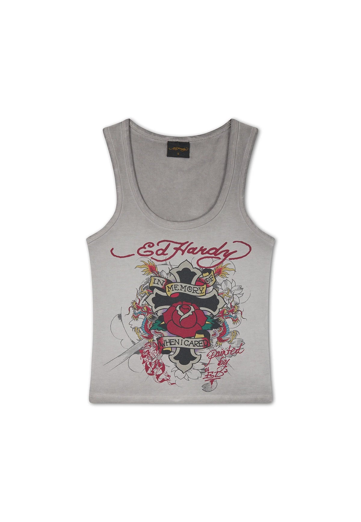 Ed Hardy In Memory Of When I Cared Washed Fitted Vest Top Grey - OnSize