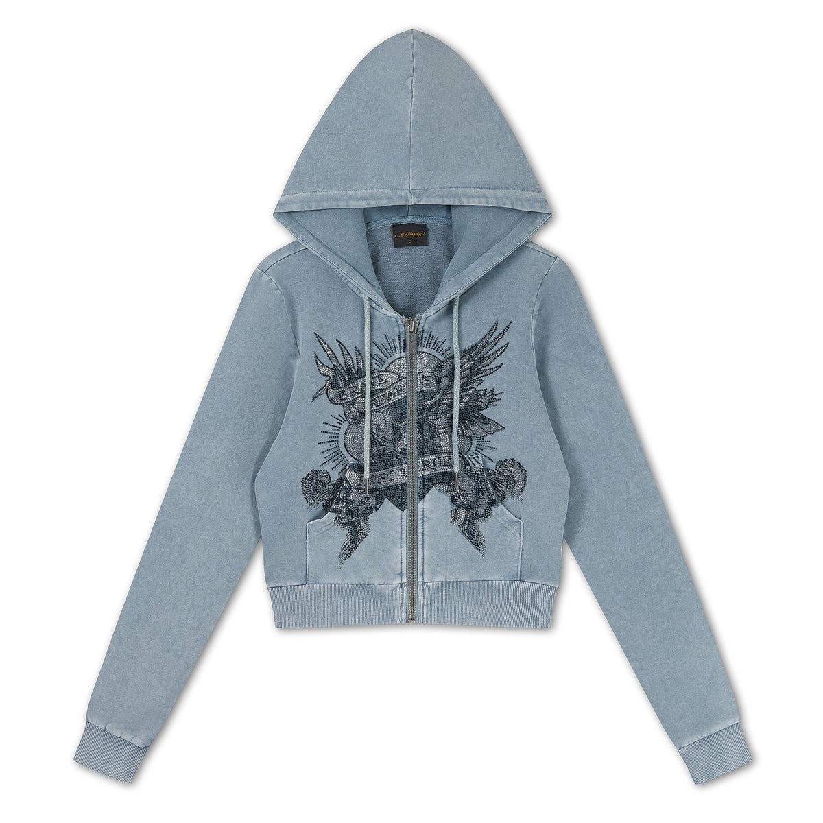 Ed Hardy Stay True Fitted Cropped Washed Zip Thru Hoodie Blue - OnSize