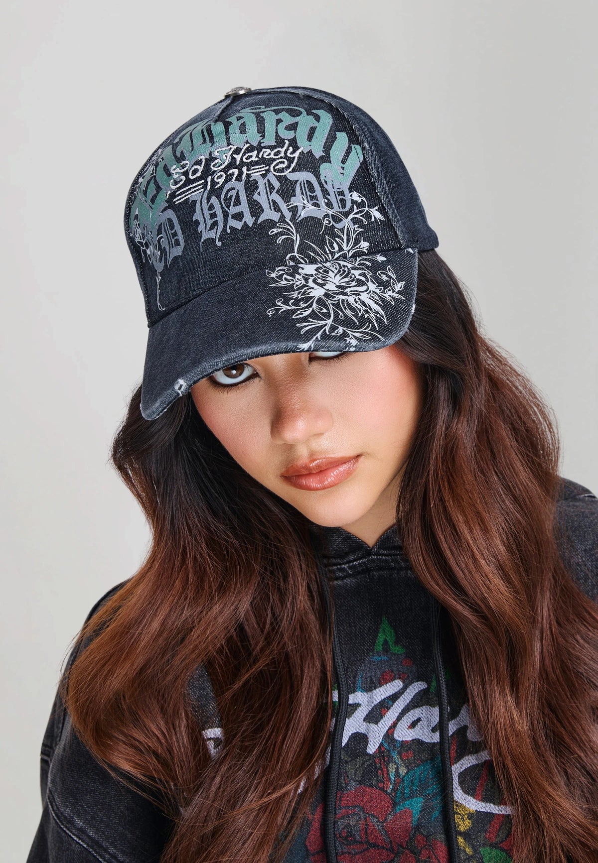 Ed Hardy Distressed Floral Gothic 5 Panel Black Trucker Cap